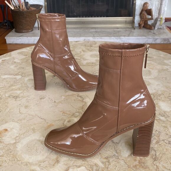 River Island Sleek Patent Square Toe Block Heel Sock Ankle Boots - Picture 6 of 10